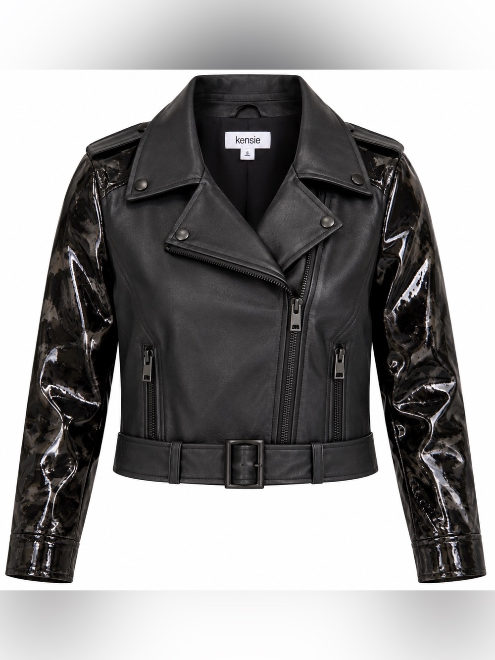 kensie Black Faux Leather Moto Jacket with Shiny Patent Sleeves